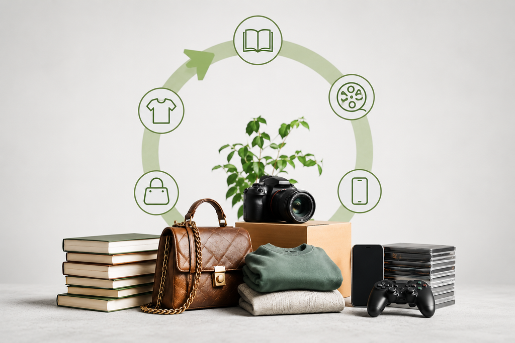 Flohmarkt mit ausgebreiteten Second-Hand-Artikeln